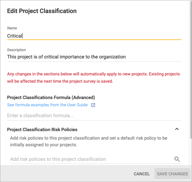 project classification edit adv classification window