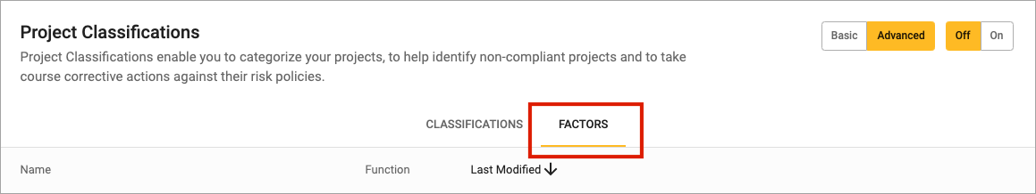 project classification factors tab